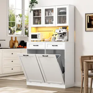 72" Tall Kitchen Trash Can Cabinet with Sensor Light and Power Outlet, 2x13 Gallon Double Garbage Can Hutch Cabinet with Storage Drawers, Kitchen Storage Pantry for Dining Room, Black/White