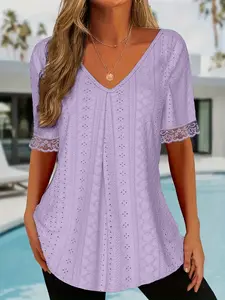 Elegant Women's Top with Lace Trim Sleeves, Stylish Ladies' Blouse for Casual Wear, Perfect for Everyday Fashion, Fitted, Womenswear