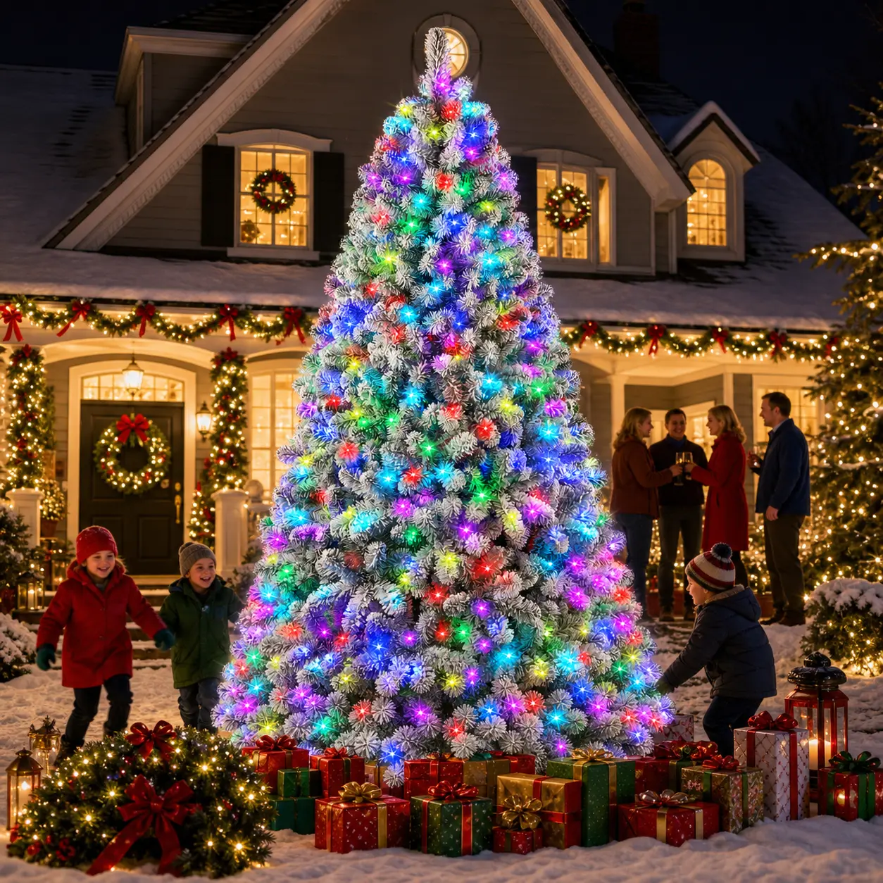 SHareconn Gaint 12FT Classic Eco-Friendly PVC Pre-Lit Color Changing RGB Snow Flocked Christmas Tree, 1090 Lights, 3300 Branches, Remote Control, Hinged Design, Ideal for Christmas Tree Scene, All Ages Birthday Holiday Home Decor, Nautical