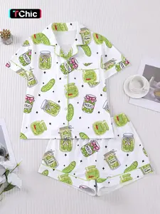 Women's 2-Piece Pajama Set, Cartoon Print, Casual Fitted Style, Short Sleeve Shirt & Elastic Shorts, Comfortable Home Wear, Romantic Gift