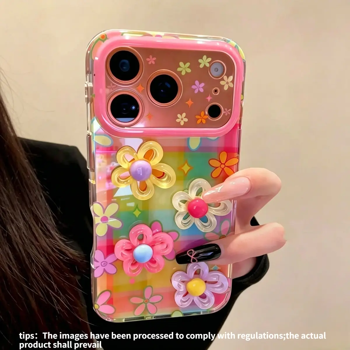 Koolife Dopamine Rainbow Plaid Phone Case, TPU Smartphone Casing, 3D Flower Decor PC+TPU Dual-Layer Shockproof Cover Protective Cellphone Cover for iPhone 17/17Pro/17ProMax/16/15/14/13/12/11 Series, Y2K Sweet Girl Ins Style Cute Protective Casing