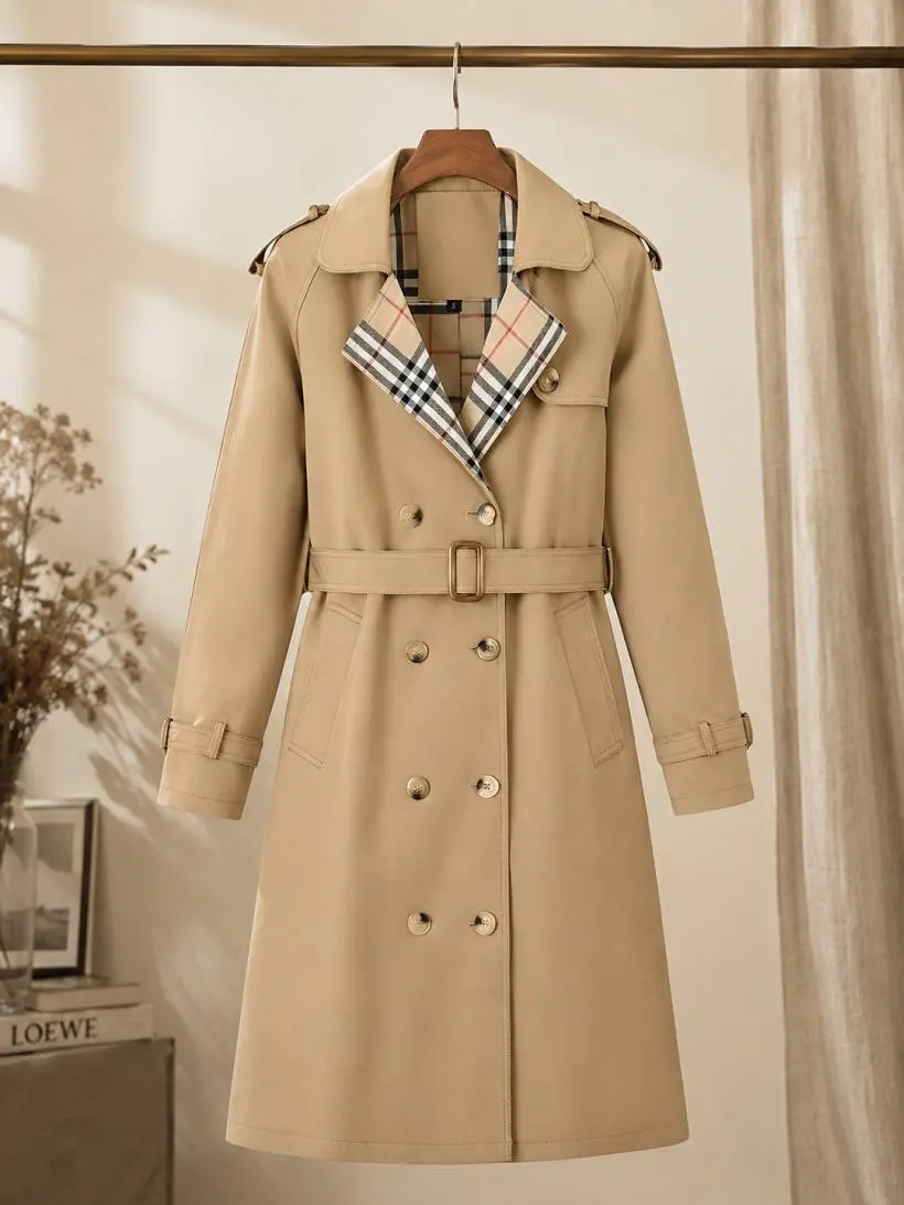 New autumn women’s long coat with double-breasted design, khaki trench coat with a turn-down collar and plaid lining, featuring an adjustable waist belt that cinches the figure—an essential piece for the spring and autumn wardrobe. sohochic sohochic sohoc