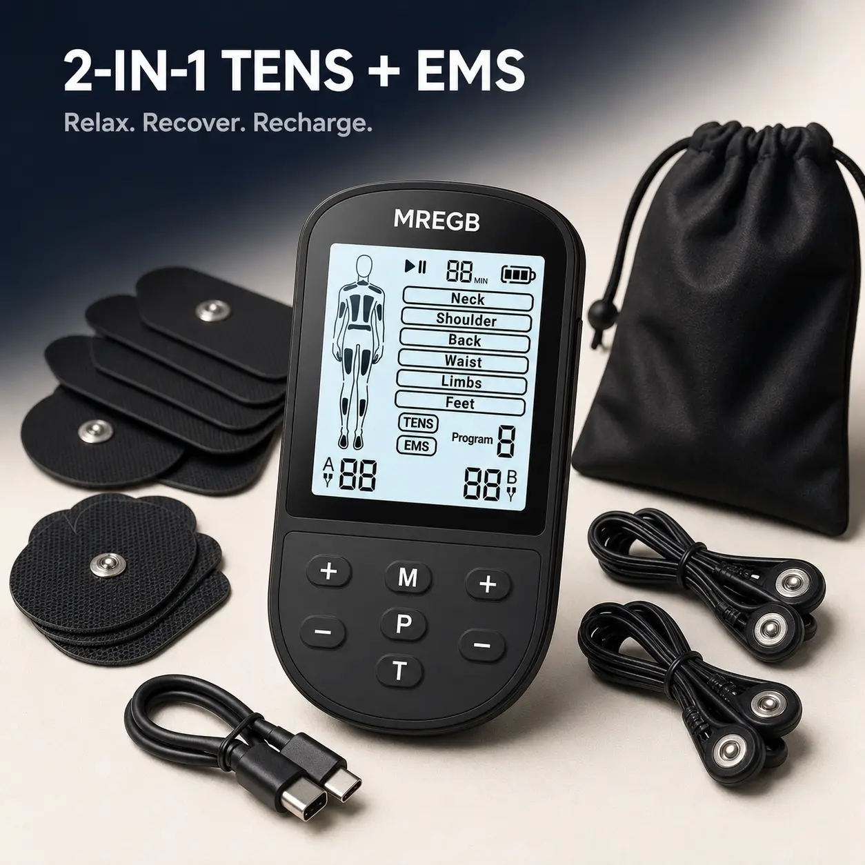 MREGB TENS Unit & EMS Muscle Stimulator - Lightweight Physical Therapy Massager for Back Pain Relief, Dual Channel, 24 Modes, Orange, Type-C Rechargeable, 10 Pads, Shoulder Recovery Support, Storage-Friendly