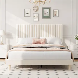 ✨Adjustable Headboard Velvet Platform Bed - Vertical Tufted, Sturdy Slats, Easy Assembly & No Box Spring🔥