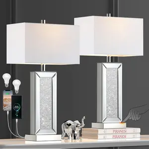 Modern Table Lamp Set of 2 Touch Control,  Mirror   Bedside Lamp with USB C+A Ports, 3-Way Dimmable Mirrored Nightstand Lamps White Fabric Shade for Living Room Bedroom Art Decor