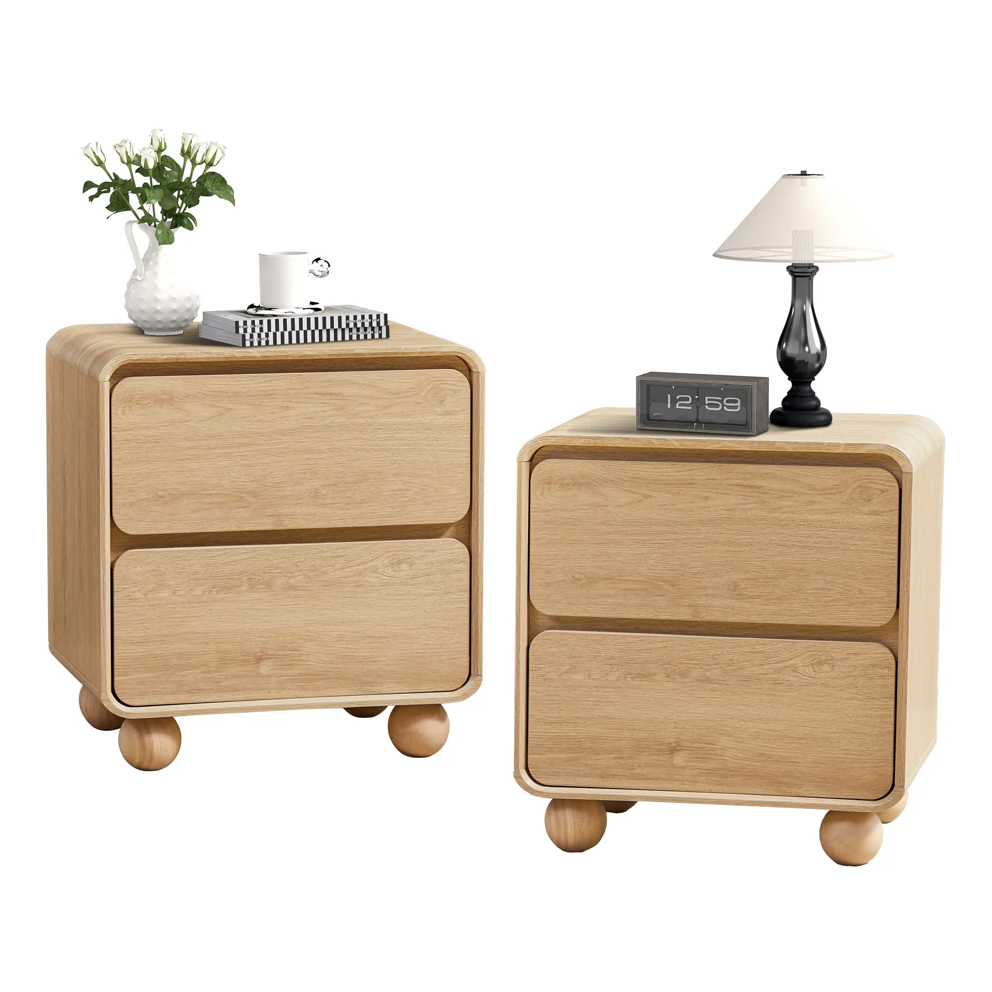 Giratree 19.7in Small Nightstand - Mini Narrow Edge Multifunctional Storage Bedside Table, Mid-Century Modern Wood 2-Drawer Unit with Curved Profile & Ball Legs for Bedroom (Single or 2-Pack), Small Nightstands, Mini Bedside Tables, Bedside Table Set, Nar