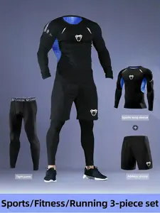 Men's 3 Piece Sports Set, Compression Breathable Mesh Long Sleeve Top, Snakeskin Print, Quick Dry Tight Pants, Pocket Shorts, High Elasticity