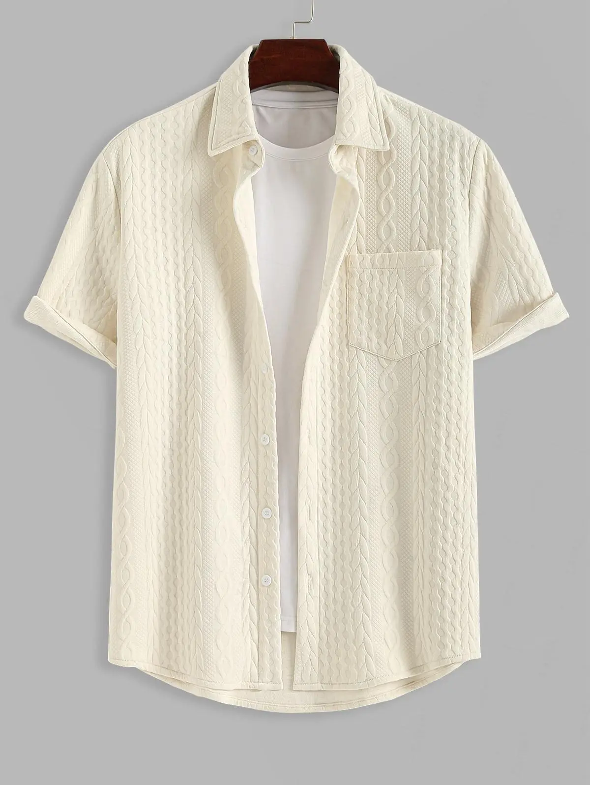 Men's Solid Color Button Up Front Pocket Cable Textured Short Sleeves Shirt Men's Breathable Summer Polo Set Menswear Top godspeed shirt button shirt hellstar shirt outfits linen