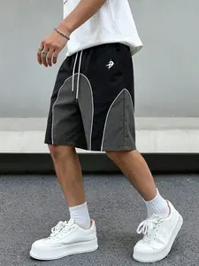 Men's Y2K Nylon Athletic Shorts Black & Gray Color Block with White Piping Loose Fit Streetwear Quick-Dry Mid-Length Design for Workouts & Commuting