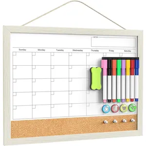 Calendar Whiteboard for Wall, 17x13 Inches Whiteboard Calendar Cork Board Combo, Small Magnetic White Board with Wood Framed, Hanging Dry Erase Board for Kitchen Home Office School Planner