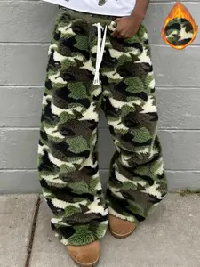 Unisex Leopard Camo Fleece Wide Leg Pants, Soft Rabbit Fur Fabric, Fall & Winter Warm Comfort, Street Hip Hop Style, Daily Wear, Camouflage, Casual Streetwear Trousers