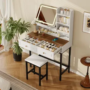 360° Rotating LED Mirror Vanity Set, Dressing Table with 2 Drawers, 3 Shelves & Power Outlet, Amber Glass Top, Sturdy Metal Legs & Stool for Bedroom