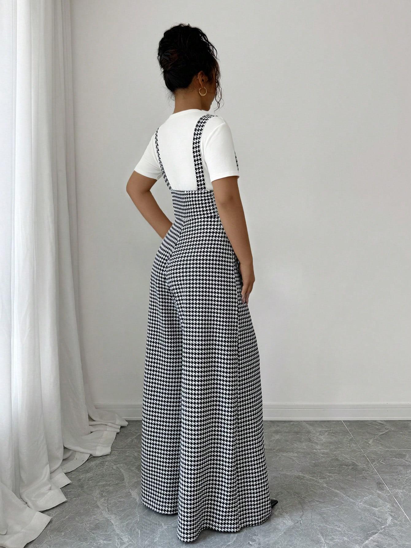 ASANDY Women's Houndstooth Print Wide Leg Overalls Button Detail High Waist Suspender Jumpsuit Casual Elegant Silhouette Versatile Style Perfect For Office Daily Brunch & Streetwear Looks