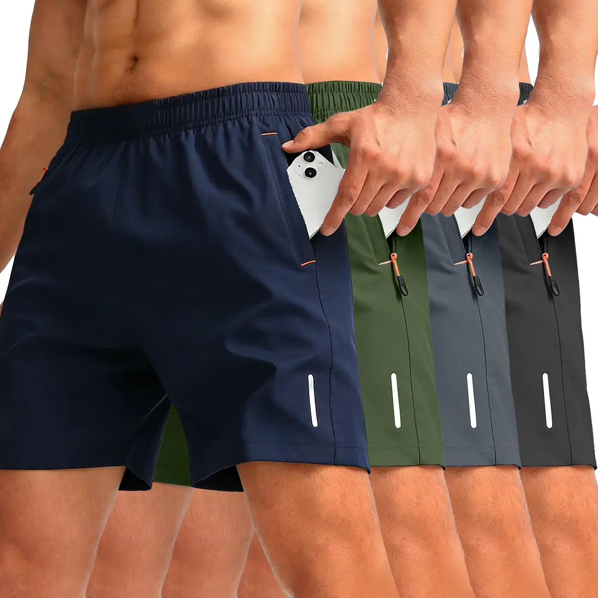 TOOTD Selection Men’s 4-Piece Shorts Set - Athletic Chic, Polyester Fiber, Fitted Cut, Solid-Color Casual Breathable Quick-Drying Shorts with Reflective Stripe - Ideal for Sports, Fishing, Men's Shorts