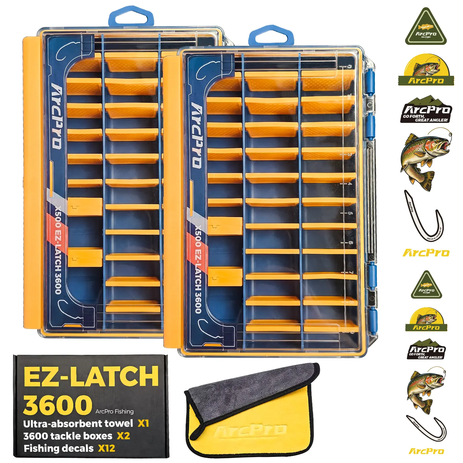 ArcPro 3600 Fishing Tackle Box 2PCS - Waterproof Modular Tackle Organizer with Clear Lid, One-Hand Latch Lure Storage Case for Saltwater & Freshwater Fishing