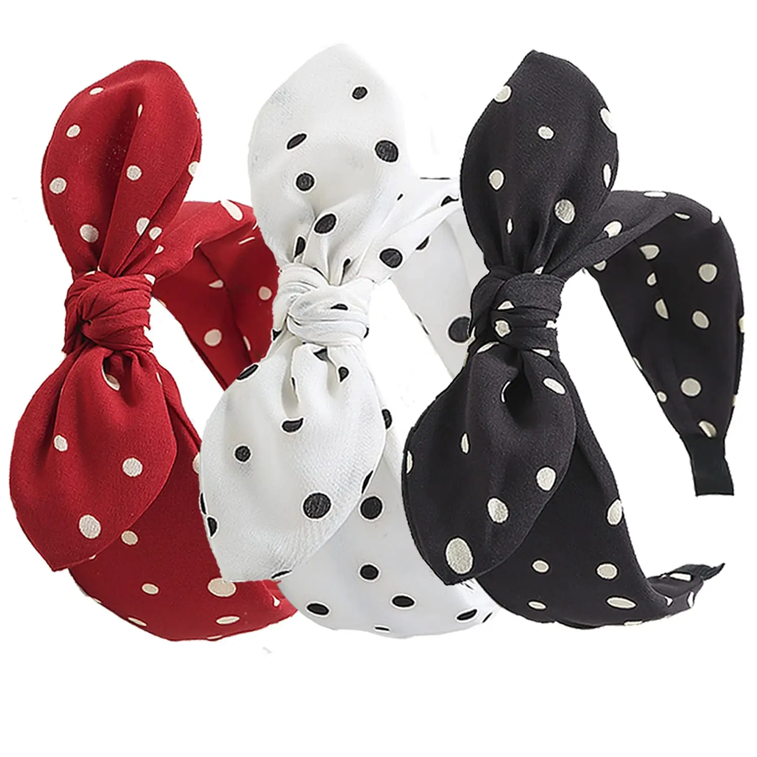 3 Piece Polka Dot Headbands for Women, Wide Knotted Bunny Ear Style with Bow, Wave Edge Fashion Accessories, Bunny Earbands, Band Set Headbands, Bowknot Hair Band, Cute Cartoon Bowknot, 3 Pcs, Elegant Wavy Headband