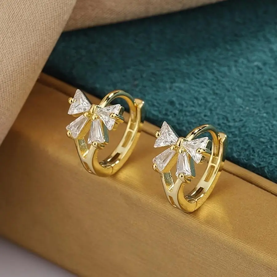 Women's Gold Artificial Zirconia Bow Earrings Set - 1-Pair Dangle Elegant 3D Flower, Huggie Hoop, Mini Hoop, Butterfly Wing Costume Jewelry Accessories, Flower Earrings, Huggie Hoop Earrings