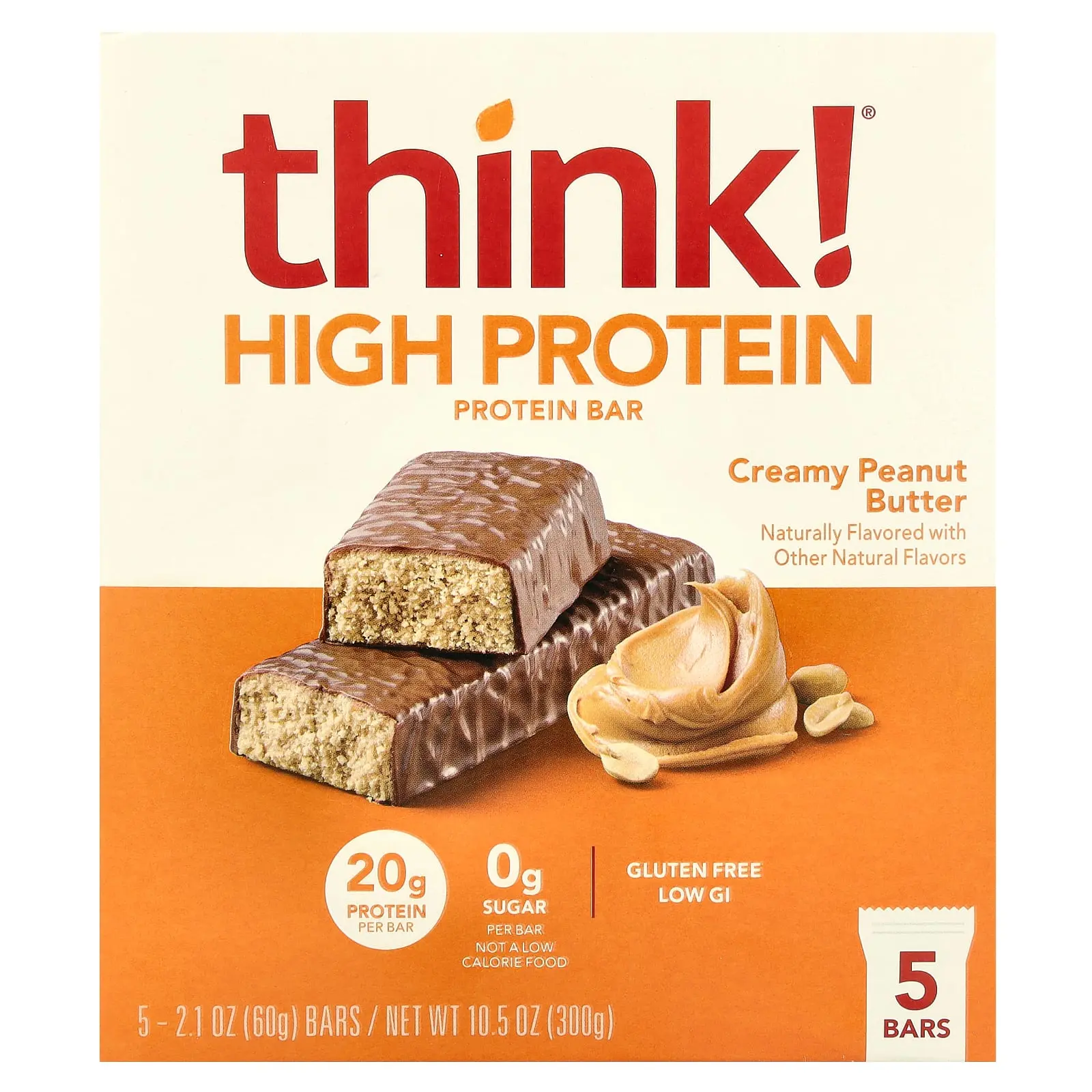 Think ! High Protein Bars, Creamy Peanut Butter, 5 Bars, 2.1 oz (60 g) Each