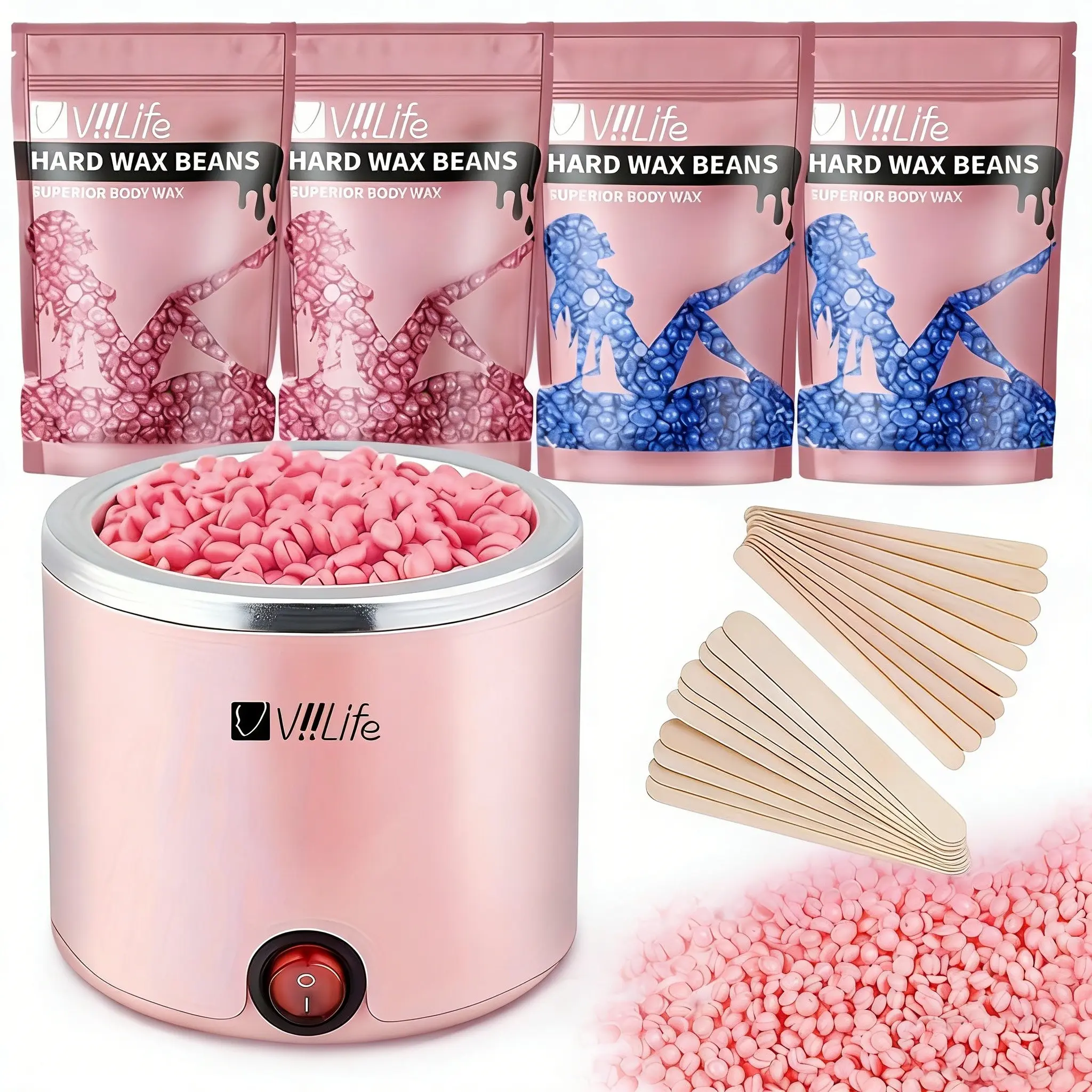 Viilife Wax Heater Depilatory Kit, Waxing Kit, Portable Wax Heater, Includes 4 Packs of Wax Beans and Sticks, Full Body Hair Removal Set for Beginners, Hard Wax Warmer, Home Hair Removal
