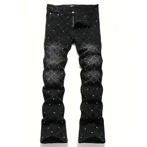 Y2K Men's Shiny Rhinestone Embellished Stretch Slim-Fit Jeans, Casual Street Style Hip-Hop Skateboarding Rap Pants, Machine Washable - All-Season Wear