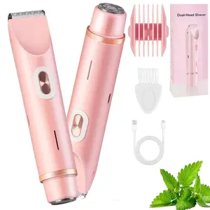 Bikini Trimmer for Women, Electric Shaver and Razor Rechargeable 2-in-1 Body and Facial Hair Removal Double Head for Painless Trimming of Pubic Face Underarm Legs, IPX7 Waterproof, Rechargeable Cordless Trimmers