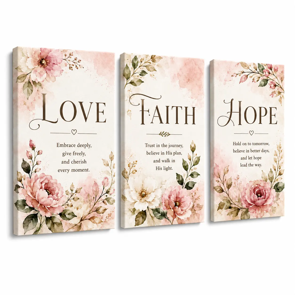 Love Faith Hope Wall Art, 3-Piece Framed Canvas Prints, Inspirational Pink Floral Decor for Bedroom Living Room Office, Ready to Hang Home Wall Decor, Elegant Fashion Poster, Romantic Gift for Couples & Loved Ones