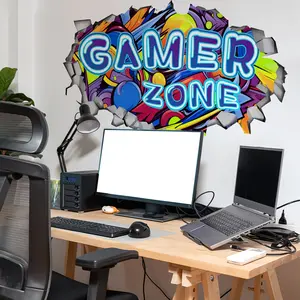 A set of 2 pieces (30*90cm*2pcs) 3D hole-breaking game GAMER Decorative Wall Art Stickers for living room, bedroom and home background decoration ATW13504-KN