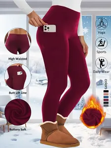 Women's Plus Size High-Waist Fleece-Lined Leggings, Thermal Stretchy Winter Pants with Pockets, Warm for Daily Wear