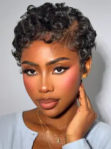 pixie wig 13X4 frontal lace pixie cut Glueless human hair wig PIXIE human hair wig short curly human hair wig daily party use black color for women