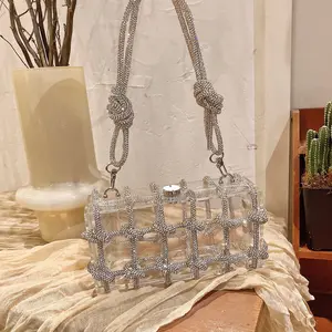 Clear Acrylic Embellished Rope Knot Clutch Bling Rhinestone Acrylic Evening Bag Glitter Crystal Handbag Purse for Party Prom
