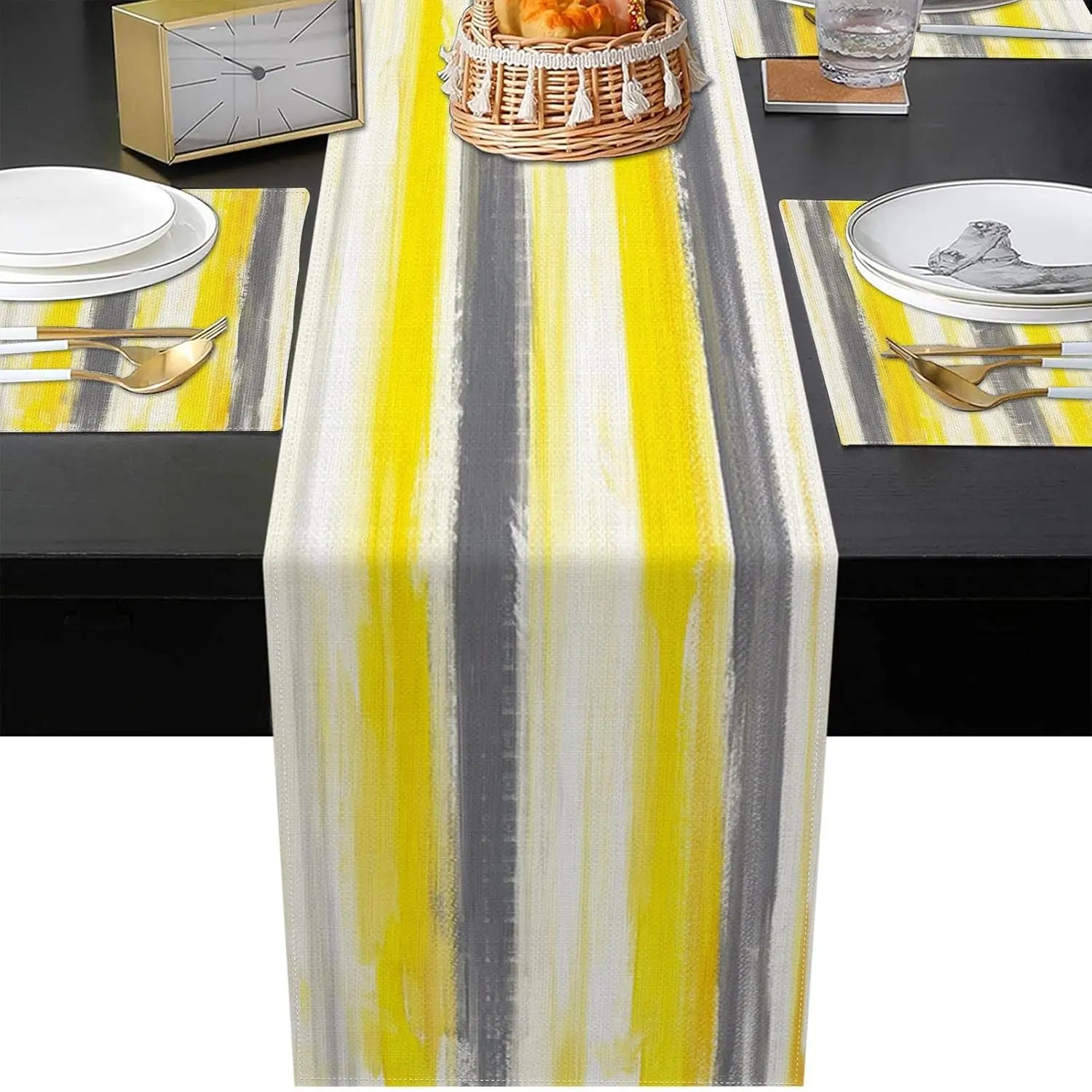 2D flat printing, 5-piece/7-piece set of yellow, gray, and white abstract painting table flags and placemats, Aesthetic watercolor painting art for restaurant decoration, daily kitchen, and restaurant desktop decoration, Tabletop Decoration