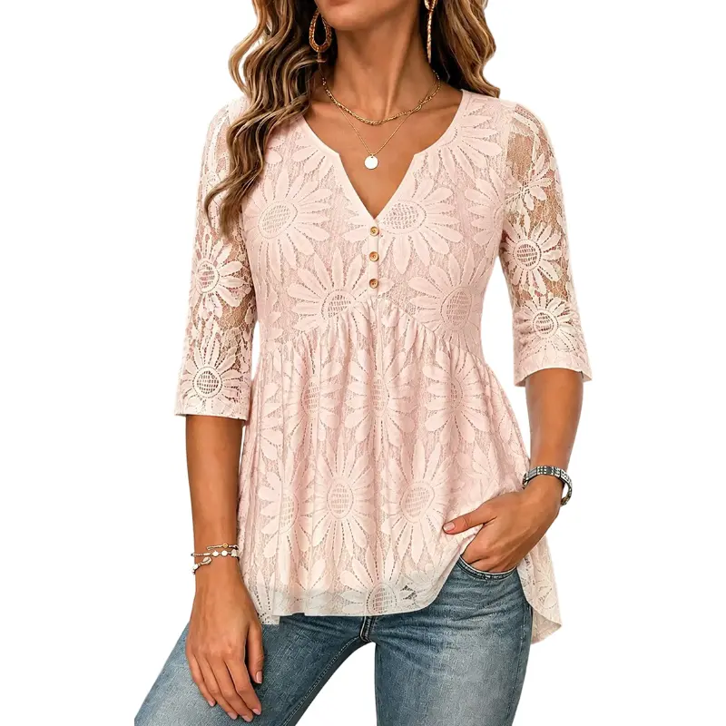 Flamingals Contrast Lace Button Front Ruched Notched Neck Three Quarter Length Sleeve Blouse