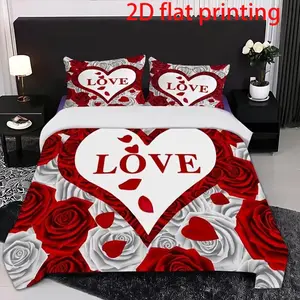 3-piece romantic Valentine's Day love Decorative bedding set Comfy Bedding Sets, including 1 duvet cover and 2 pillowcases (unfilled) made of polyester material, comfortable all year round