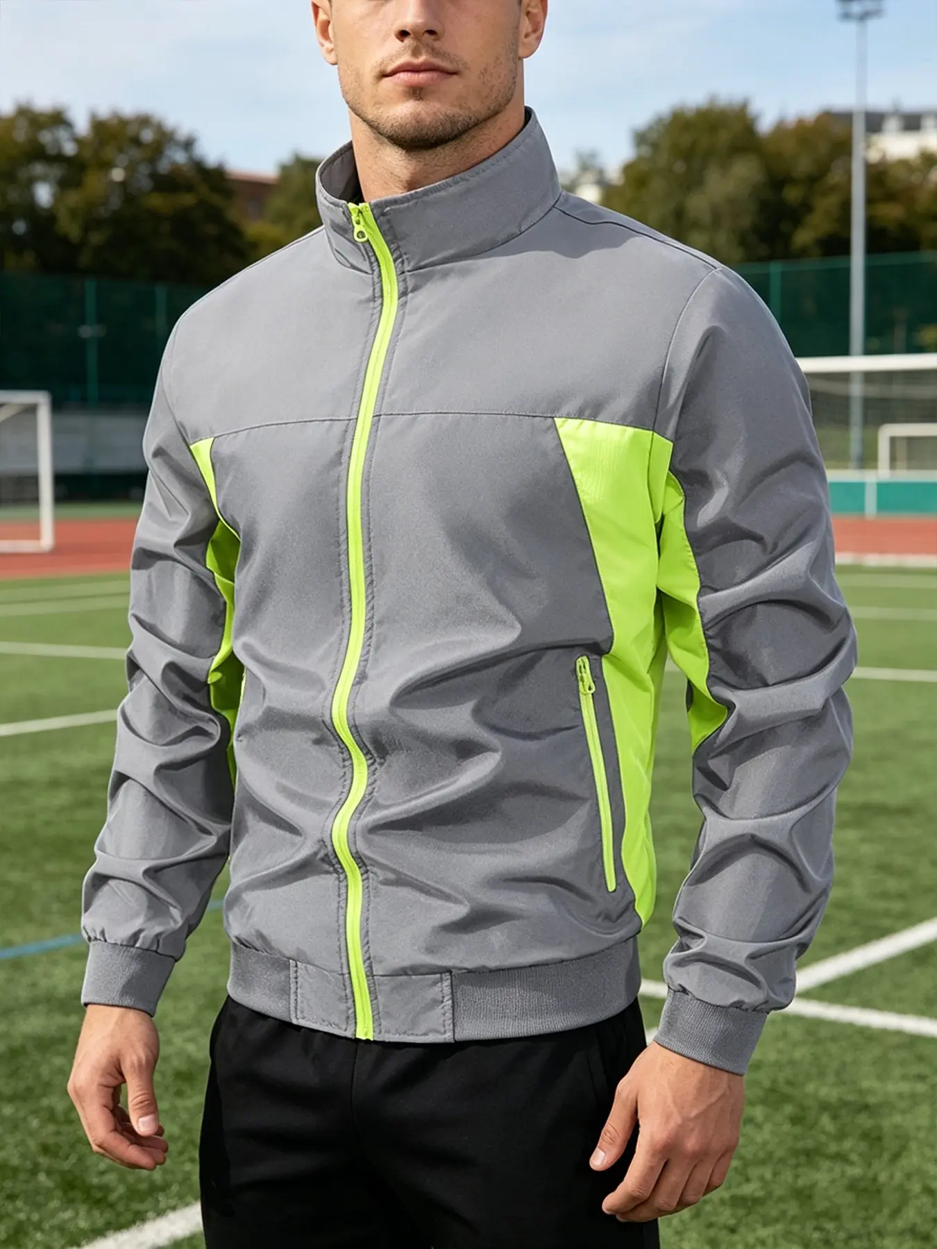 Men's Lightweight Windproof 2PCS Stand Collar Tracksuit Fitness Apparel Solid Tracksuits Set Graphics Print Color-Blocked Full Zip Jacket and Pants Casual Jogging Sports Set for Training