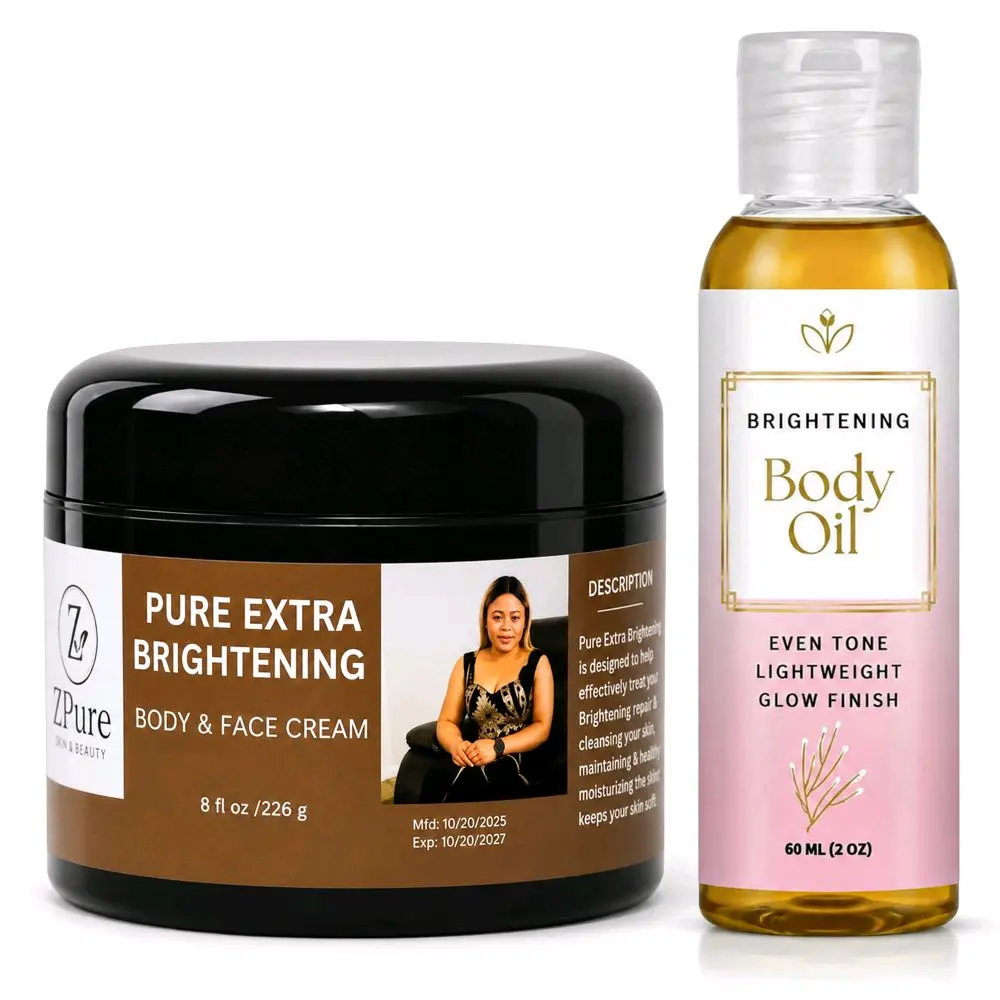 Skin Friendly Body Care Sets, 2-Piece Bodycare Package Set with 8oz Pure Extra Brightening Silky Moisturizer Lotion (Face & Body), 2oz Shine Enhancing Cosmetic Oil for Cream & Oil Radiance Boost