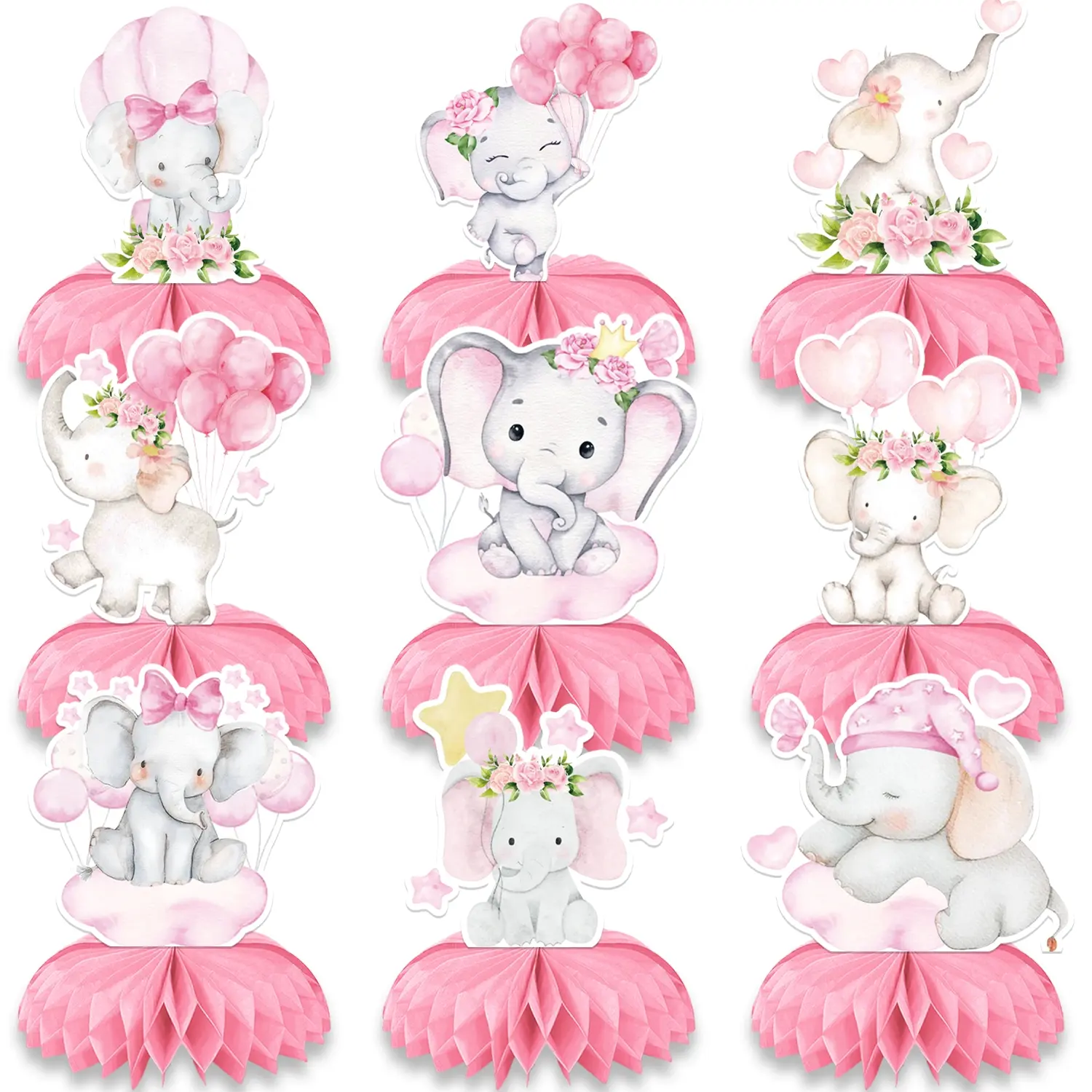 9pcs Pink Elephant Honeycomb Paper Centerpiece Decorations Dining Table Centerpiece Table Decorations Animal Party 3D Table Toppers Elephant Themed Birthday Party Decorations for Birthday Ba Party Decoration Supplies Table Centerpieces Decor