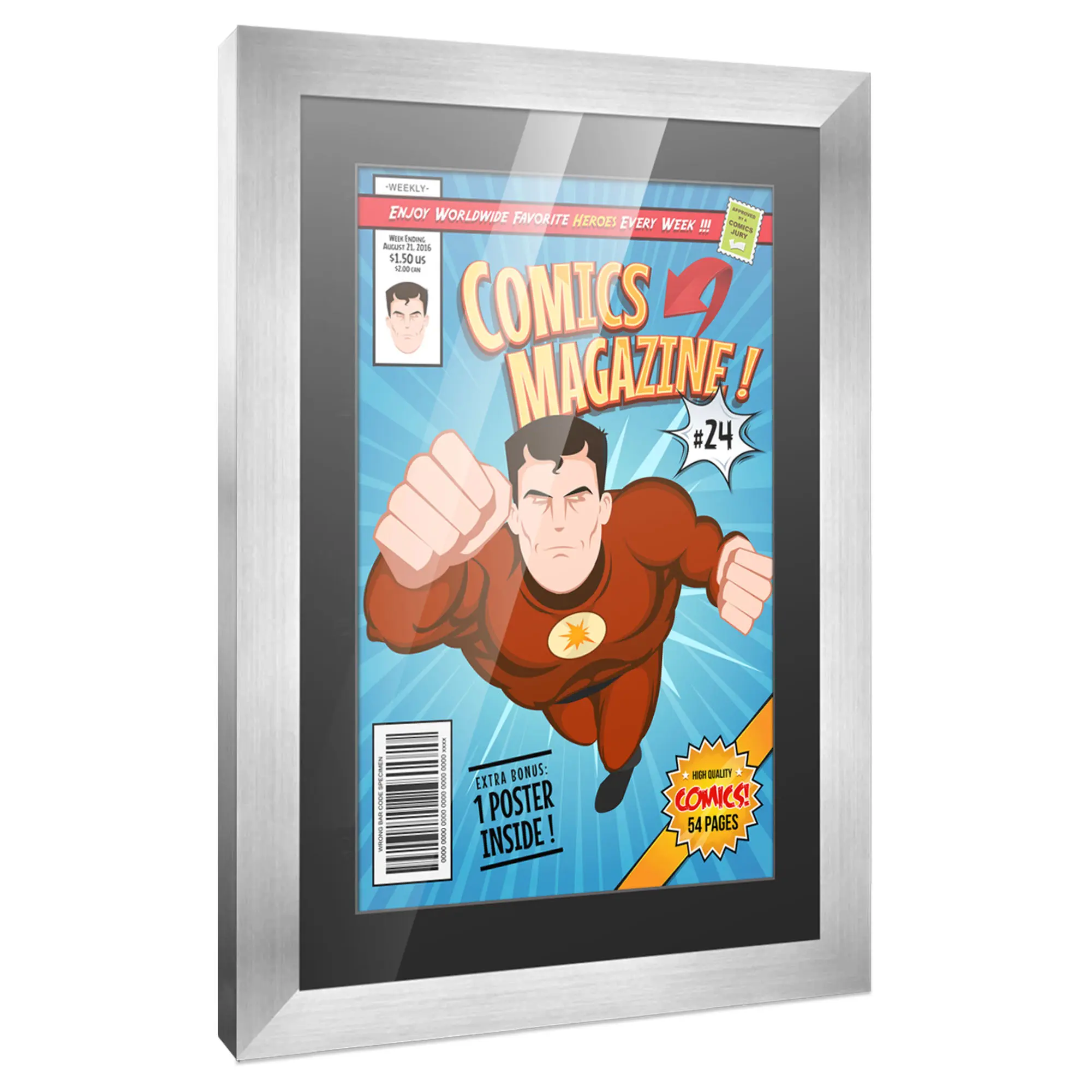 Comic Book Frame with Mat for 1 Bronze Age Comic Published Between 1970 and 1985 - Silver Wood Comic Frame With Black Mat for 7.25x10.5 Comic - 10x14 Frame Size