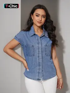 Women's Plain Button Front Pocket Denim Shirt Blouse, Casual Drop Shoulder Short Sleeve Fitted Top for Summer, Ladies Clothes for Daily Wear, Womenswear