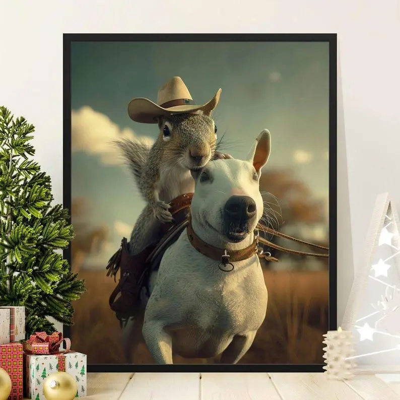 Cowboy Squirrel Riding Dog Poster, Adorable Whimsical Animal Art, Funny Squirrel Wall Decor, Cute Animal Portrait Print, Kids Room Decor