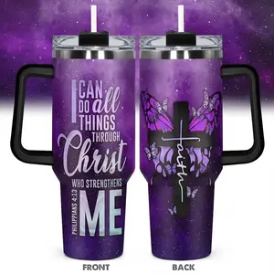 Christian Tumbler 40oz With Bible Verse Philippians 4:13 – “I Can Do All Things Through Christ” Faith Mug, Purple Galaxy Cross Design, Inspirational Religious Gift For Women & Men, Spiritual Coffee Cup Stainless With Handle, Leakproof Travel Flasks