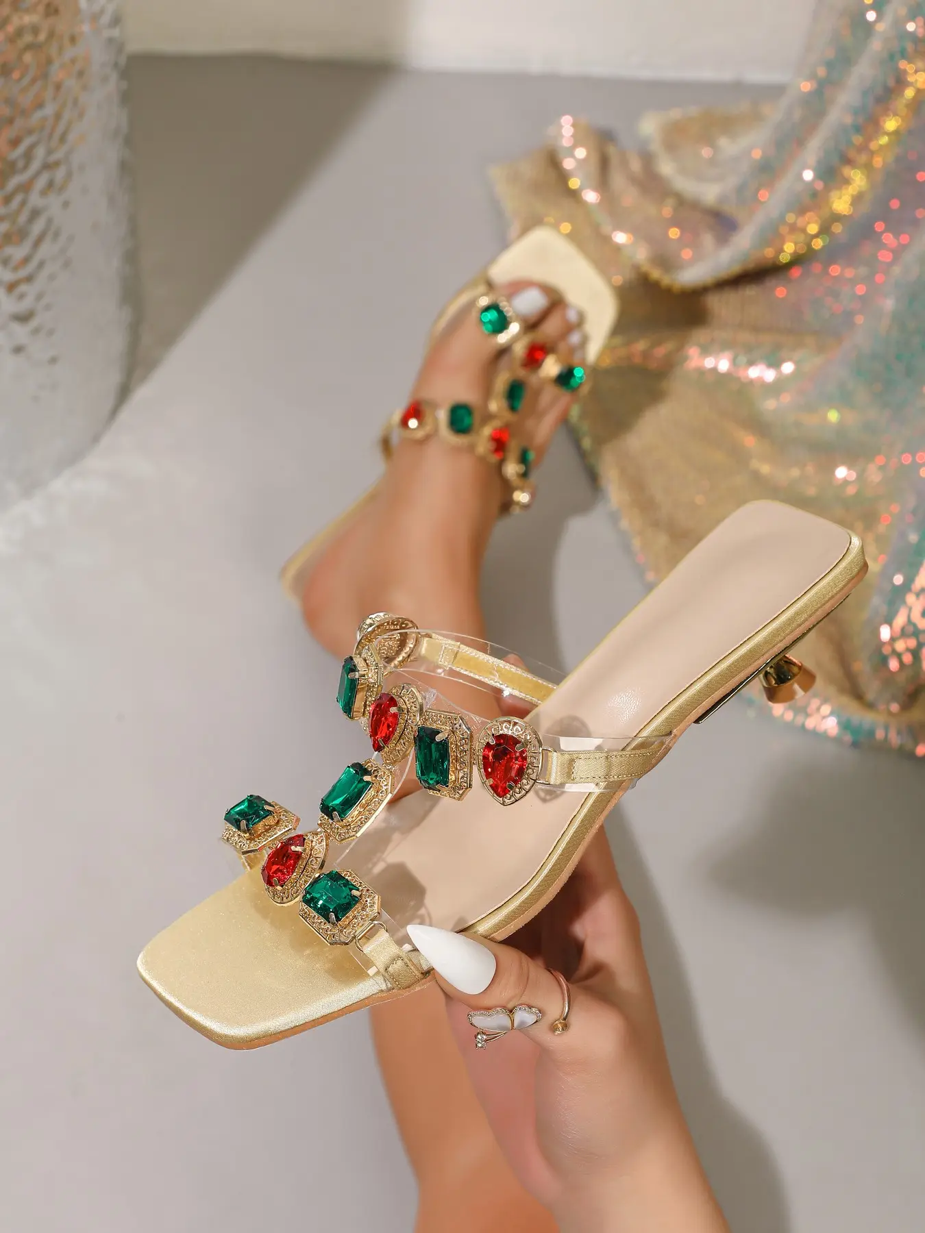 American Retro Rhinestone Square Toe Slippers, Gemstone Water Drill Sandals, Cat Heel Party High Heeled Shoes Women, Trendy Sandals, Embellished Sandal, Fancy Sandals