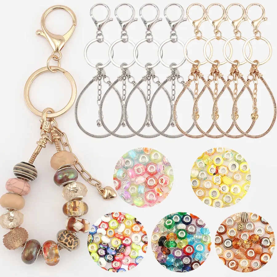 70-piece beaded keychain large-hole bead compartment set, lobster clasp keychain with large-hole bead compartment, multiple options available, suitable for DIY keychains, bag chains, and craft material packs