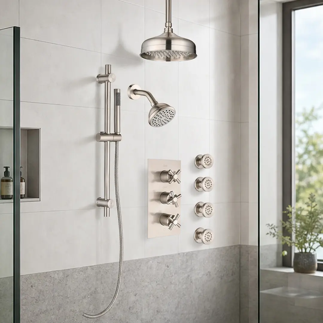 ARCH Brushed Nickel Brass 4-Spray Combo Rain Shower System with Body Jet Handshower, Pressure Balancing Valve, 360° Rotating Head, Adjustable Slide Bar, Silicone Nozzles for Spa-Like Experience, Full-Body Massage & Daily Bathroom Use, Shower Heads, Wall M