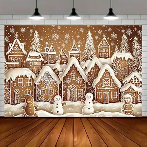 1pc Polyester 2D Flat Gingerbread Christmas Party Backdrop Set - Festive Snowy Village Scene with Gingerbread Houses, Snowmen, No Power Needed, Cozy Decor for Living Rooms, Studios, White Holiday Banner