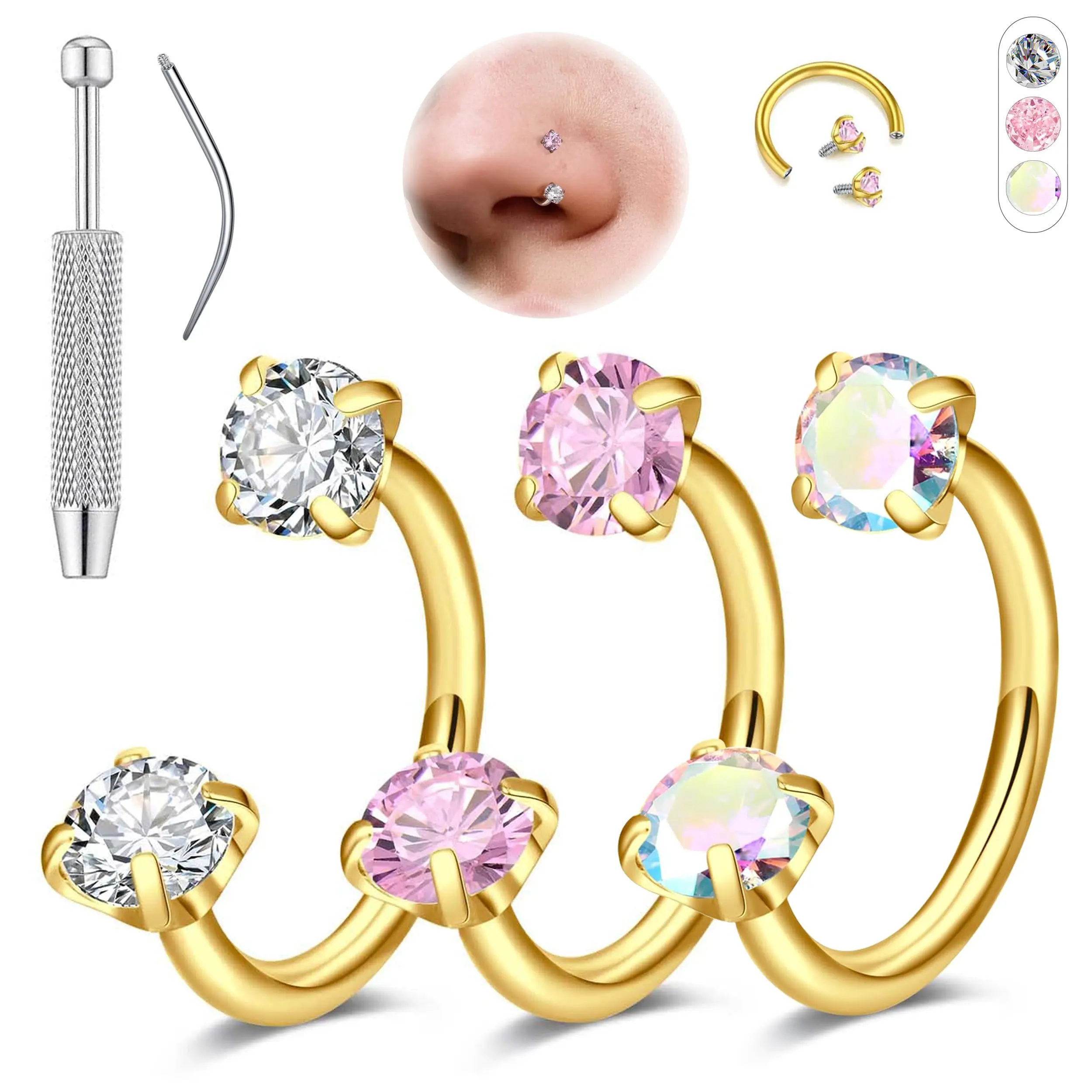 Surgical Steel Nose Rings, 3-Piece 18G Double Gem CZ Horseshoe Hoops, 6-8mm Gold & Silver Tone Unisex Piercing Jewelry for Cartilage, Helix, Tragus, Nose Piercing, Stainless Steel, Daily Wear