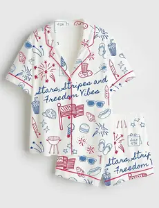 Stars Stripes And Freedom Vibes 4th Of July Patriotic America Satin Pajama Set Adults, 4th Of July Sleepwear, Homewear Patriotic Gifts Women