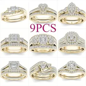 9pcs Classic Women'S Multi Style Wedding Ring Set, Set With Synthetic Zirconia Rings, Perfect Daily Women'S Wear Jewelry Accessories