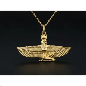 Egyptian Goddess Hathor Wing Pendant Necklace, Gold Vermeil 925 Sterling Silver, 16-18 Inch Rolo Chain