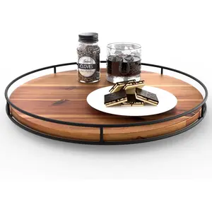 16" Acacia Wood Lazy Susan Turntable with Metal Frame - Large Lazy Susans Organizer Countertop Storage - Wooden Serving Tray for Charcuterie Cheese Board - Kitchen Counter Rotating