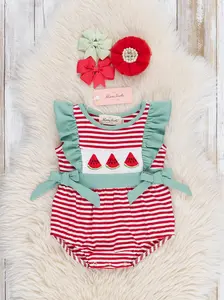 Watermelon Stripes Smocked Cotton Ruffle Bubble Romper